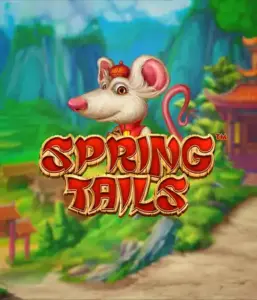 A whimsical illustration of a mouse wearing a red traditional Chinese outfit positioned in front of a scenic landscape with mountains. The image is for the Spring Tails Slot by Betsoft, showcased with bold gold and red logo lettering.