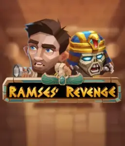 Dive into the mysterious world of the Ramses' Revenge game by Relax Gaming, featuring a frightened explorer and a menacing mummy against an Egyptian tomb backdrop. This graphic portrays the adventure of ancient Egyptian myths, great for those interested in historical adventures, delivering a captivating escape. 